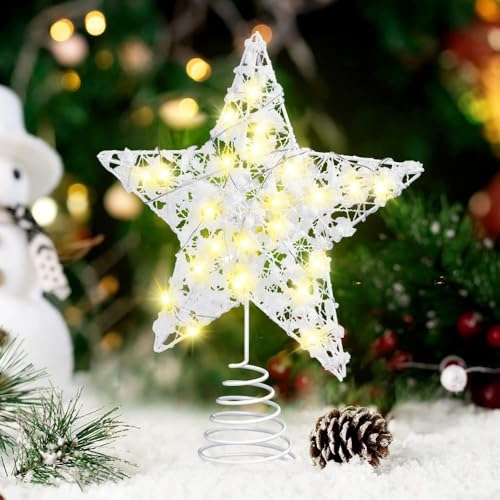 Christmas Tree Topper, Metal Glittered Christmas Star Treetop with 20 White LED Lights, Lighted Pentagram Snow Tree Top for Christmas Tree Decorations (9.8 * 7.8Inches, Small)