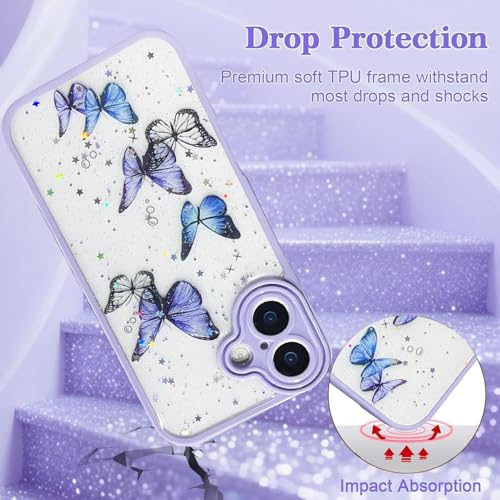 Image of VONZEE Glitter Butterfly Back Cover Case Compatible with iPhone 17, Clear Cute Bling Sparkle Shiny Soft TPU Bumper Shockproof Women Girls Slim Protective Phone Cover for iPhone 17 6.3 inch,Purple