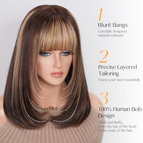 Image of 6x4 Lace Ombre Brown Mixed Blonde Bob Real Human Hair Wig with Bangs for White Women Straight Layered Lace Front Closure Curtain Bangs 2 /27 Wear and Go Glueless 100% Human Hair Wigs 16 Inch