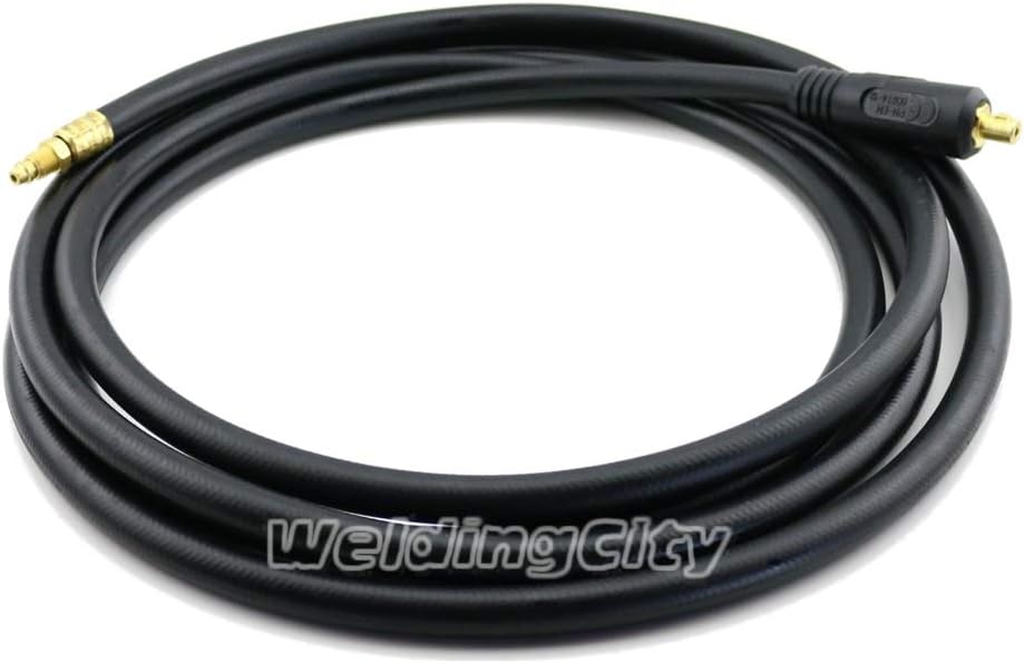WeldingCity TIG Welding Torch Air-cooled WP-9 (125-amp)/WP-17 (150-amp) Power Cable Hose 57Y01R (12.5-ft) and Dinse-type 25mm (Small) .355"-pin Gas-thru Adapter