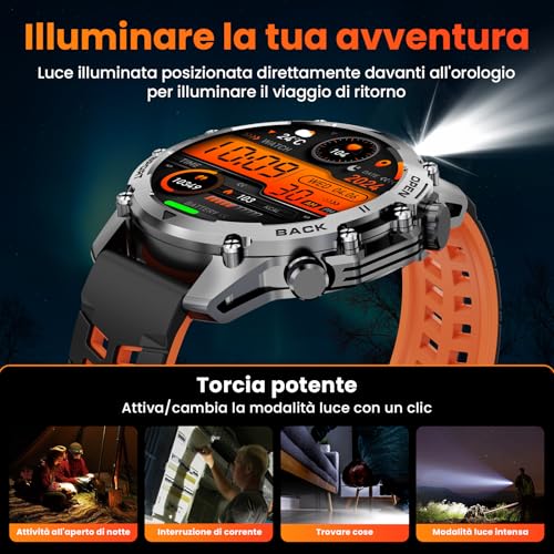 Smartwatch Uomo Con Torcia, 1,52'' Hd Orologio Smartwatch Militare Con 500 Mah Batteria(7-30 Giorni Di Durata), Smart Watch Uomo Con 110+ Sport Fitness/Frequenza Cardiaca/Spo2/Sonno Per Android Ios - 3
