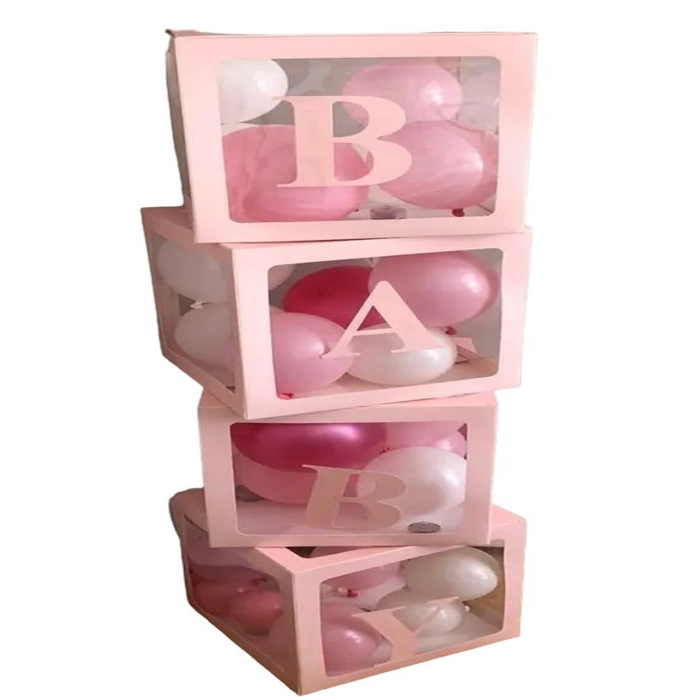 Party Crave BABY Balloon Box (Paper - Cardstock) for Baby Shower/1st Birthday/Naming Ceremony/Half/2nd & 3rd Bday/Party Supplies (4 Pieces in 1 Set) (Pink)