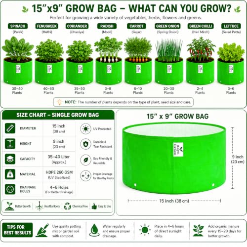 Image of Grow Bag UV Protected 260 GSM | HDPE Grow Bags for Plants | Heavy Duty Green Garden Plant Grow Bag with Drainage Holes | Reusable Vegetable Grow Bag for Terrace Gardening (9, 15X9)