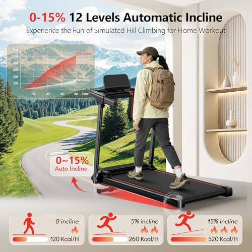 Treadmill with 0-15% Auto Incline, 0.6-7.5MPH Foldable Walking Pad Treadmill with Handle Bar for Home Small, 3.0HP Low Noise Portable Walking Running Machine for Small Space, 350LBS Capacity - Image 3