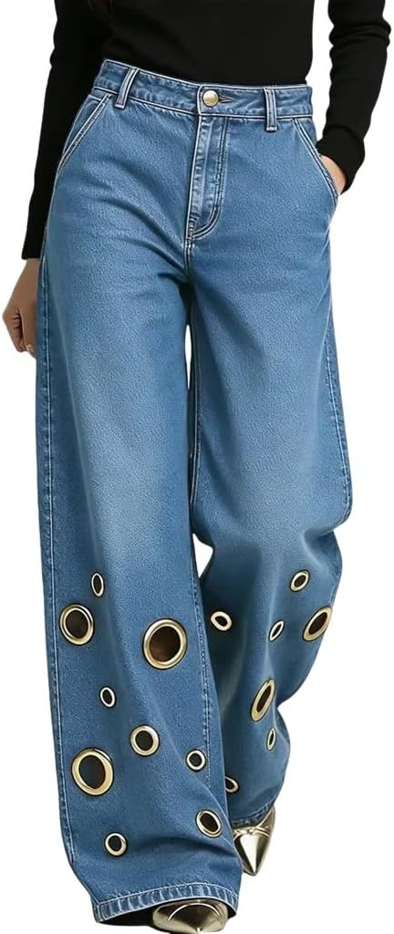 Wuitrie Women's High Waist Wide Leg Jeans Fashion Hollow Out Metal Eyelet Decor Loose Fit Denim Pants
