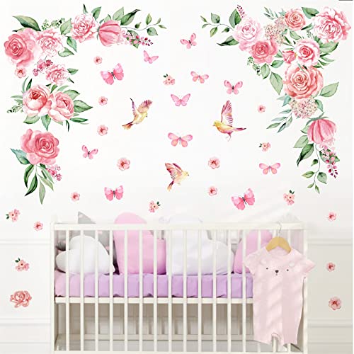 Large Peony Flower Wall Stickers Watercolor Floral Wall Decals Peel And Stick Hanging Vine Pink Flower Wall Decals Butterflies Green Leaves Wall Stickers For Girls Bedroom Kids Baby Room Nursery Decor #TOP1