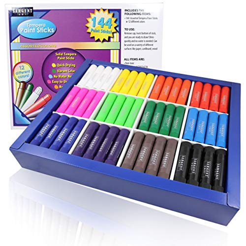 Sargent Art 81-0005 144 Solid Tempera Paint Sticks, 12 Each of 12 Fun Colors, Quick Drying, Classroom Pack, Kids Poster Painting and Crafts