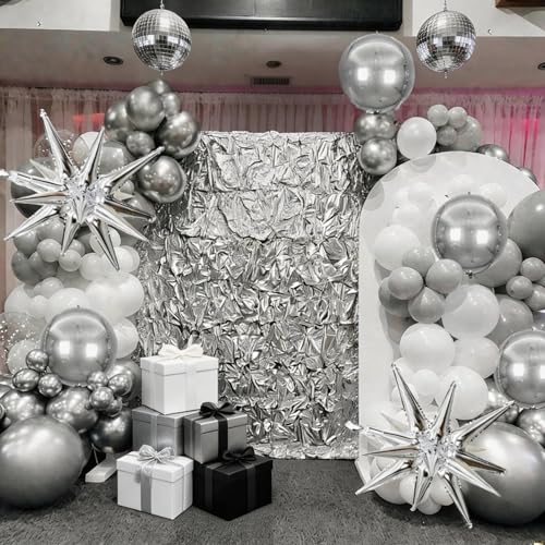 Image of White Silver Balloons Garland Arch Kit, 113pcs White Grey Clear Balloons, Confetti Silver Explosion Star 4D Foil Balloons for Disco Winter Wonderland Holiday Christmas Birthday Ice Snow Party Decor