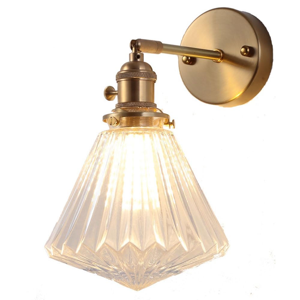 HPTHLY Clear Glass Wall Sconce With Switch On/Off, Adjustabled Wall Light Fixture Brass Lamp, Home Deco Wall Lighting Fixture Brushed Metal Sconces For Bedr