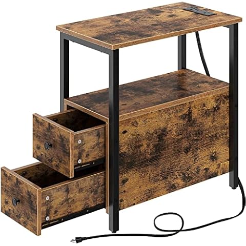 Rolanstar End Table with Charging Station, Narrow Side Table with 2 Wooden Drawers, USB Ports and Power Outlets, Nightstand Sofa Table for Small Spaces, Living Room, Bedroom, Rustic Brown Cover