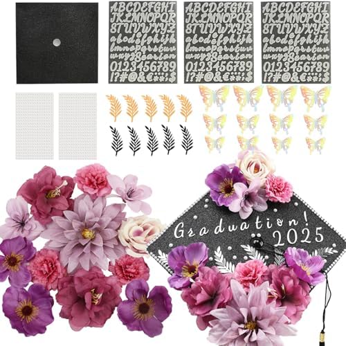 Nagobi Purple DIY Graduation Cap Decorations Kit, Flowers Grad Cap Decorations for 2025 Included Faux Flower Heads 3D Butterfly Rhinestones Alphabet Letter Stickers for Grad Party Craft Decor