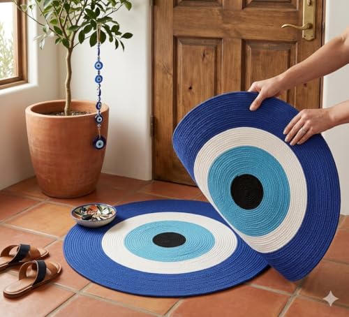 Image of Round Jute Reversible Evil Eye Door mat, 65 * 65 cm, Floor mat| Doormat for Home Entrance| Bathroom| Bedroom| Living Room| Kitchen| Pooja Room| Rug| Home Decor| Anti Slip| Outdoor| Nazar mat