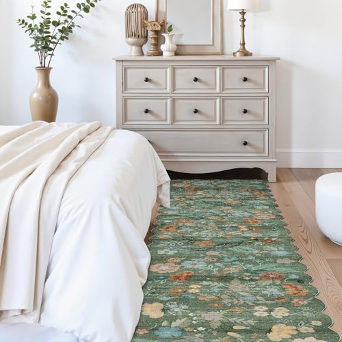 Washable 2'6x12 Hallway Runner Rug: Soft Entryway Kitchen Floral Runners Non Slip Water Resistant Nursery Bathroom Floor Mat Light Weight Carpet for Living Room Bedroom (2'6x12 Floral/Green)