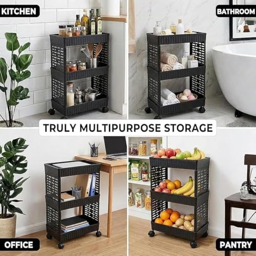 Image of 3-Tier Rolling Storage Cart with Wheels | Multipurpose Plastic Utility Organizer Trolley for Kitchen, Bathroom & Home | Black (1 Pcs, 3 Layer)