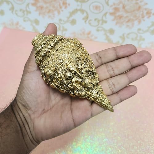 Image of ARNAVIRA 24K Gold Plated Antique Finish Ganesh Shankh (Conch) for Wealth, Home Decor | Housewarming Gifts | Pooja Room | Return Gifting 12.7 cm x 5 cm