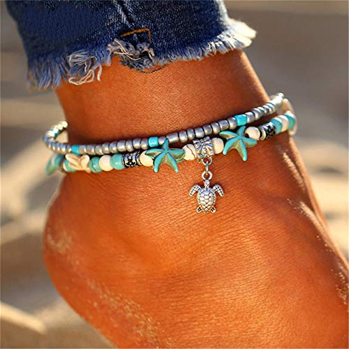 Underleaf Blue Starfish Turtle Anklet Multilayer Charm Beads Sea Handmade Boho Anklet Foot Jewelry for Women Girl