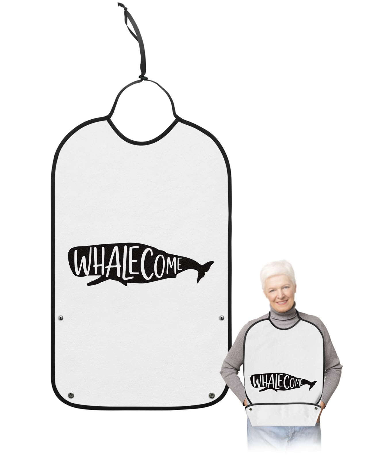 Black and White Whalecome Adult Bibs for Eating, Waterproof Bibs with Food Catcher & Adjustable Snap Closure, Marine Life Whale Silhouette Washable Clothing Protectors Adult Bibs for Elderly Women/Men