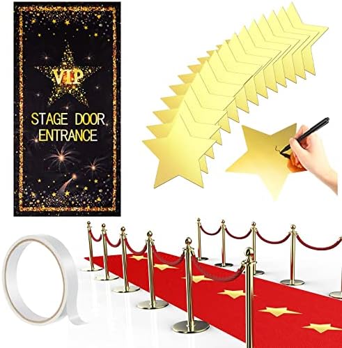 Red Carpet Party Runner VIP Stage Door Entrance Cover Party Accessory 24 Pieces 8 Inch Gold Star Paper Cutouts 2.6 x 15 ft Red Runner 55gsm Thickness with Carpet Tape for Party Decoration Supplies