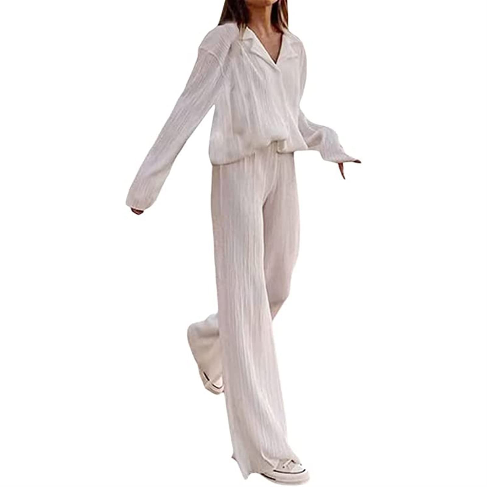 HYMCXY2K Women's 2-Piece Pants Set Casual Loose Button Shirt Blouse Top Long Wide Leg Palazzo Pants Set Jumpsuit Loungewear