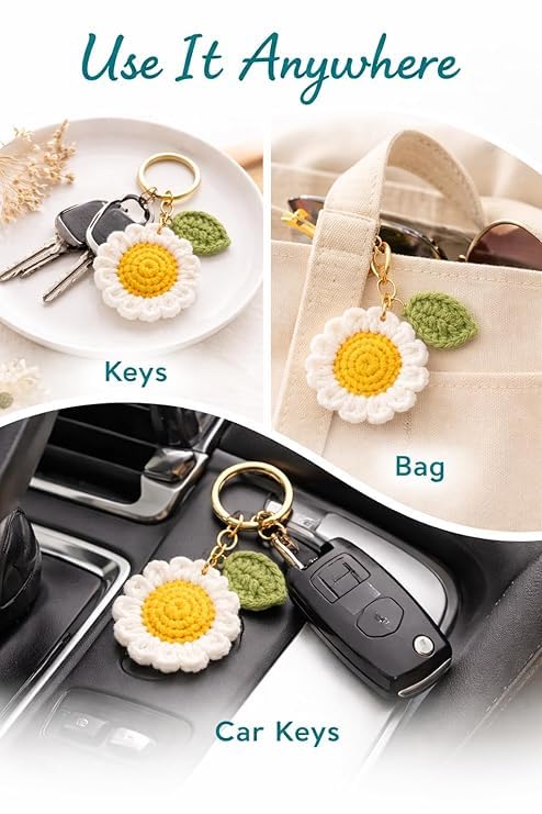 Image of Handmade Crochet Keychain Combo for Girls Women Cute Aesthetic Sunflower Strawberry Watermelon Daisy Knitted Keychain Bag Charm Purse Charm Car Key Ring Backpack Accessories Gift
