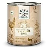 Wildes Land - Nassfutter für Hunde - Bio Huhn - 6 x 800 g -Getreidefrei - Extra hoher Fleischanteil von 60% - 100% zertifizierte Bio-Zutaten - Beste Akzeptanz und Verträglichkeit