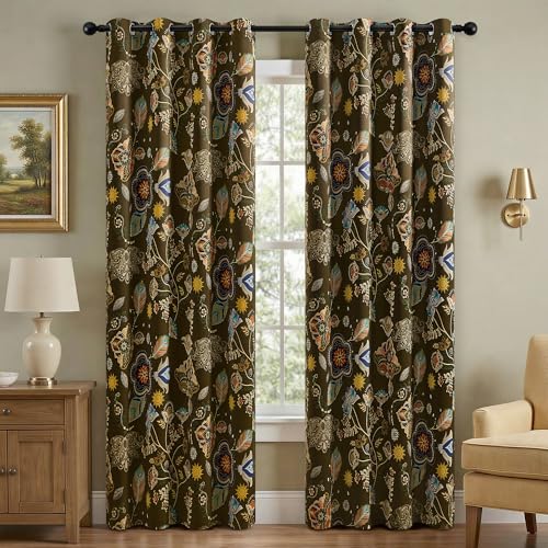 Image of XiDi Olive Green Blackout Curtains Vintage Floral Botanical Patterned Drape | Curtains 96 Inches Long Yellow Green Boho Framhouse Black Out Curtains & Drapes for Living Dining Room 2 Panels 52x96