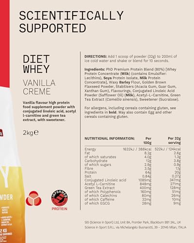 Image of PhD Diet Whey | High Protein Lean Matrix | 17g Protein & 3.3g BCAA | With CLA, L-Carnitine & Green Tea Extract | Low Fat, Sugar & Salt | Builds Muscle & Burns Fat | Vanilla Creme | 2Kg