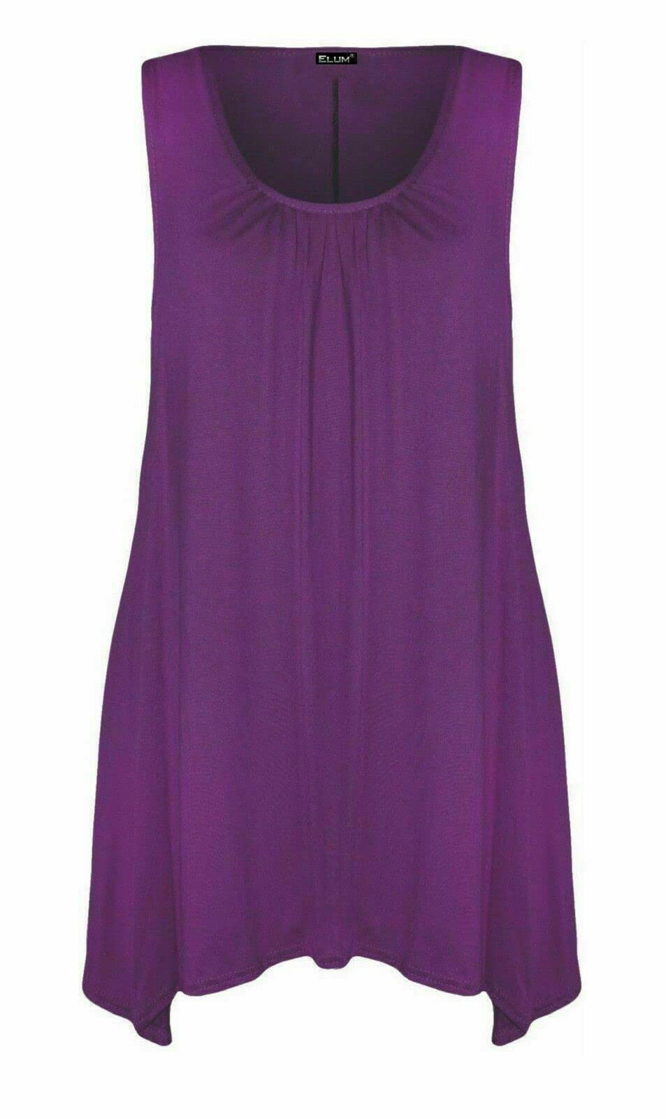 Real Life Fashion Ltd Women's Purple Sleeveless Hanky Hem Top Plain Gathered Top Scoop Neck Tunic Shirt Flared Vest Top