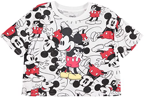 Disney Ladies Mickey Mouse Fashion Shirt Mickey Mouse Clothing - Mickey Mouse Allover Print Crop Top T-Shirt (White, Small)