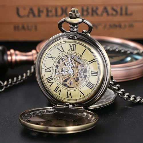 Image of Vintage Gold Double Sides Open Case Mechanical Men's Pocket Watch,Double Face Roman Dial Clock Hand Wind Pocket Watch for Men with FOB Chain