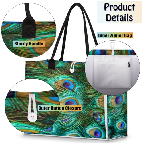 Animal Peacock Feathers Tote Bag for Women Large Beach Bag Reusable Tote Bags for Work Travel Beach Shopping4
