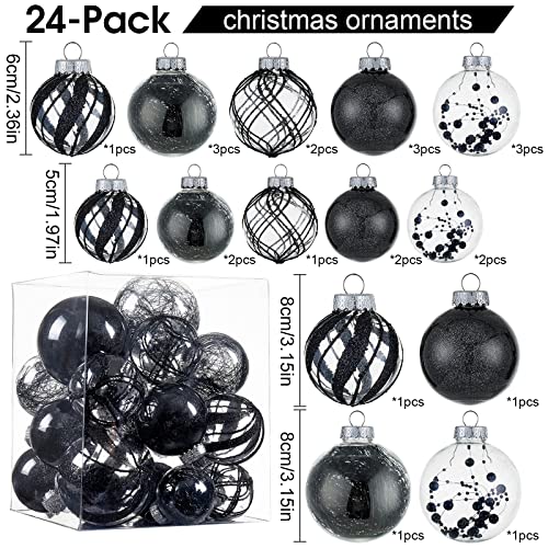 Clear Christmas Ball Ornaments,24ct Shatterproof Plastic Decorative Christmas Ornaments Hanging Xmas Tree Baubles Set with Stuffed Delicate Glittering Decorations for Holiday Party Home Decor(Black) - image 2
