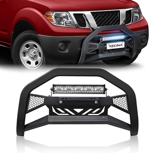 YZONA Bull Bar with LED Light Bar & License Plate Frame Compatible for 2005-2021 Nissan Frontier & 2005-2007 Pathfinder & 2005-2015 Xterra Front Grill Guard Grille, Truck Brush Guard, Bumper Push Bar