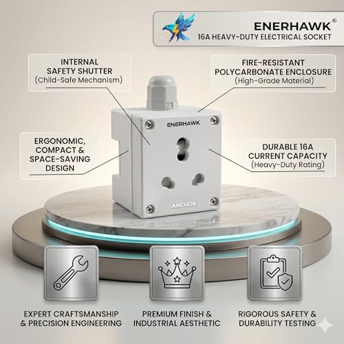 Image of Extension Board Heavy Duty 16A | extension cord power strip high load capacity 3000 Watt | 16 amp socket for AC refrigerator fridge, geyser, oven, ev charger charging, induction | 1 meter copper cable