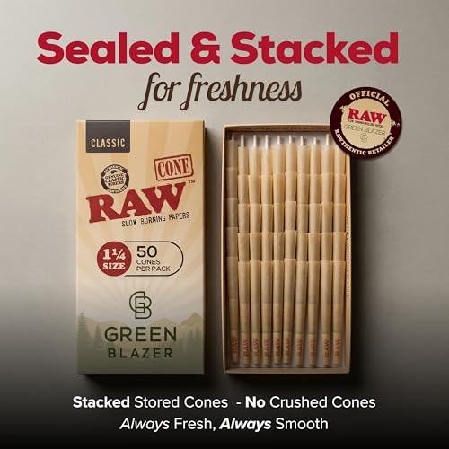 Image of RAW Cones 1 1 /4 Size: 50 Pack Patented Slow Burning Pre Rolled Rolling Papers & Tips, Classic Raw Paper, 84mm