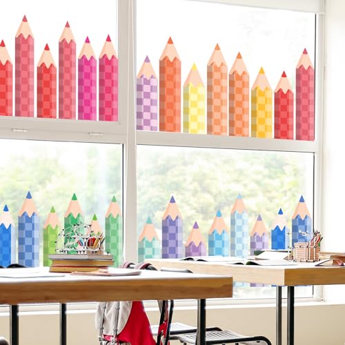 Image of Whaline 9 Sheets Pastel Checkerboard Pencil Window Clings Watercolor Pencil Window Decal Reusable Anti-Collision Windows Decor for Back to School Classroom Nursery Decor
