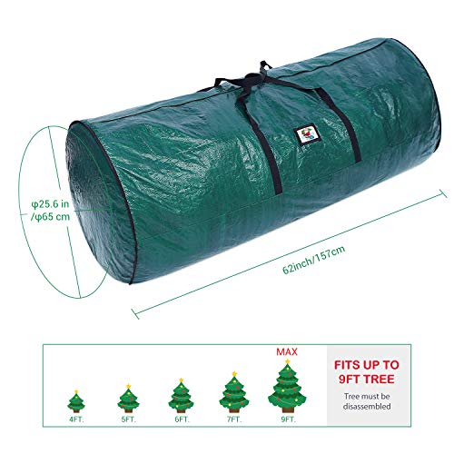 Ohuhu 9ft Christmas Tree Storage Bag, 62” X 25.6” X 25.6” Extra Large Christmas Tree Storage Container, Tear Proof Duffle Bag Waterproof Material, UP to 9 ft Disassembled Artificial Xmas Tree, Green
