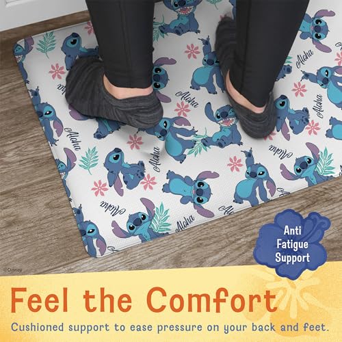 Image of Disney Stitch Anti-Fatigue Kitchen Mats for Floor, 17x47, Non-Slip | 12mm PVC foam cushions feet and back, water resistant, wipes clean, won't compress or crack over time