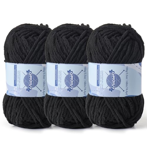 Image of 3 Pack Chunky Chenille Yarn for Crocheting, Baby Yarn for Crocheting Soft Blankets, Bulky Yarns for Crochet Amigurumi, 300g (223yds) Fluffy Velvet Yarns for Hand Knitting (3 Black)