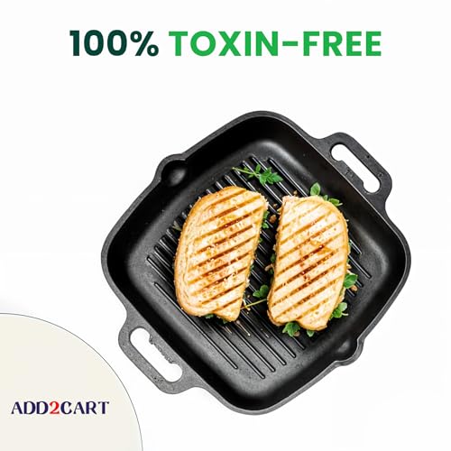 Image of Add2Cart Black, 100% Pure & Toxin-Free, No Chemical Coating, Medium, 26.3 cm /10.5 inch, 1.8Ltr, 3kg Pre-Seasoned Cast Iron Grill Pan with Double Handle that is Induction Friendly