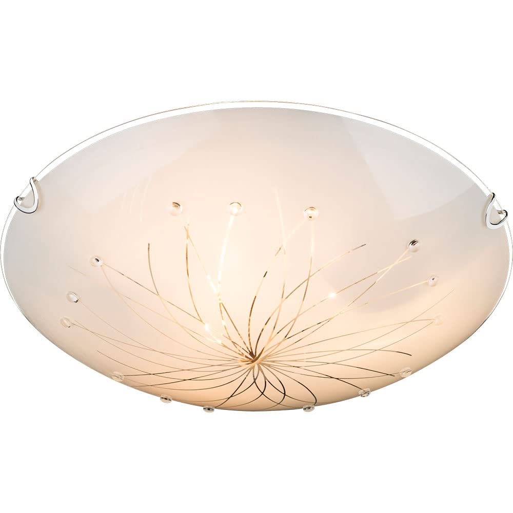 Deckenlampe weiß Schlafzimmerlampe modern Deckenleuchte rund, Designlampe 3-flammig Glas Kristalle Muster, Metall chrom, 3x E27 Fassung, DxH 40x8 cm