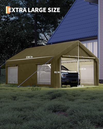 Image of GarveeLife 12x20 ft Portable Garage, Car Port with 200 g PE Tarp Cover, with Front & Rear Roll-Up Doors and 4 Windows, for Temporary Paint Booth, Boats&Pickups Shed, and Event Shelter, Khaki