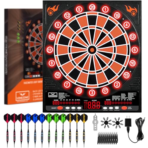 VONEZONE Electronic Dartboard, Electric Dart Boards for Adults,Electronic Scoreboard, Light-Up Led Display, 12 Darts Soft Tip Professional Dart Board and Extra Tips, Up to 8 Players