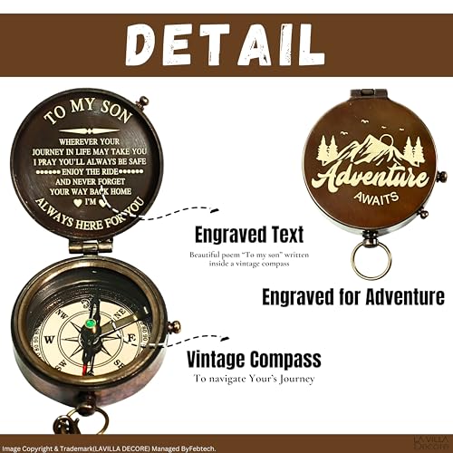 Brújula de Latón Grabada con Cita para Mi Hijo – Diseño de Aventura con Mensaje Inspirador – Estilo Vintage con Funda de Cuero y Cadena miniatura 3