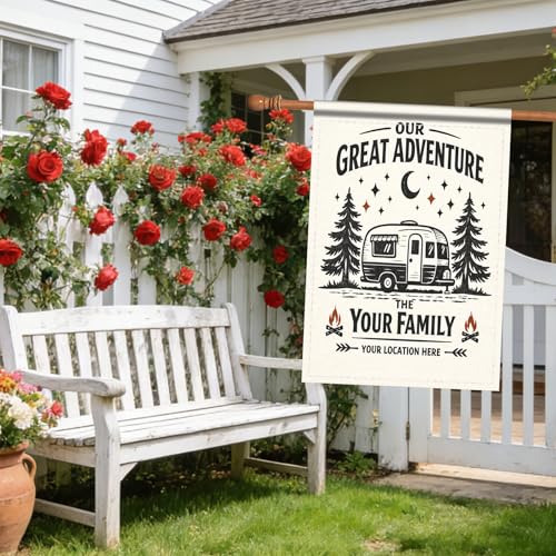 Image of Nuxovilar Camping Flag Fire Pit Garden Flag 28x40 Inches Polyester | Adventure Banner Nostalgic Lawn Decor Campsite RV Park Backyard (Retro Camper)