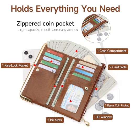 GOIACII Womens Wallet Ladies Vintage Billfold Compact Card Holder Long Zip Clutch Purse with Kiss Lock Brown2