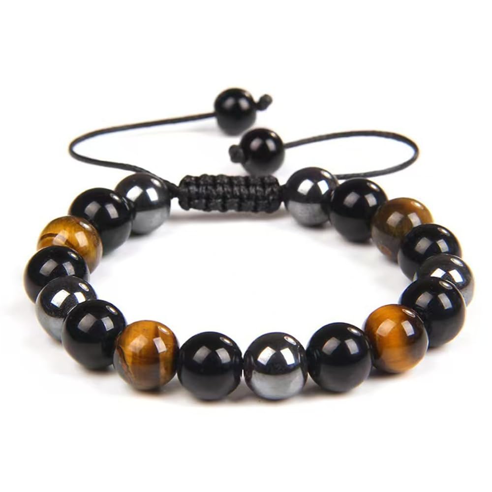 Dczosily Triple Protection Bracelet Natural Tiger's Eye Hematite Agate Stone Bracelet for Men Women Crystal Jewelry Healing Bracelets Bring Luck