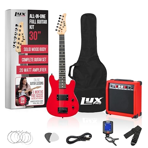 LyxPro 30 Inch Electric Guitar and Starter Kit for Kids with 3/4 Size Beginner’s Guitar, Amp, Six Strings, Two Picks, Shoulder Strap, Digital Clip On Tuner, Guitar Cable and Soft Case Gig Bag - Red