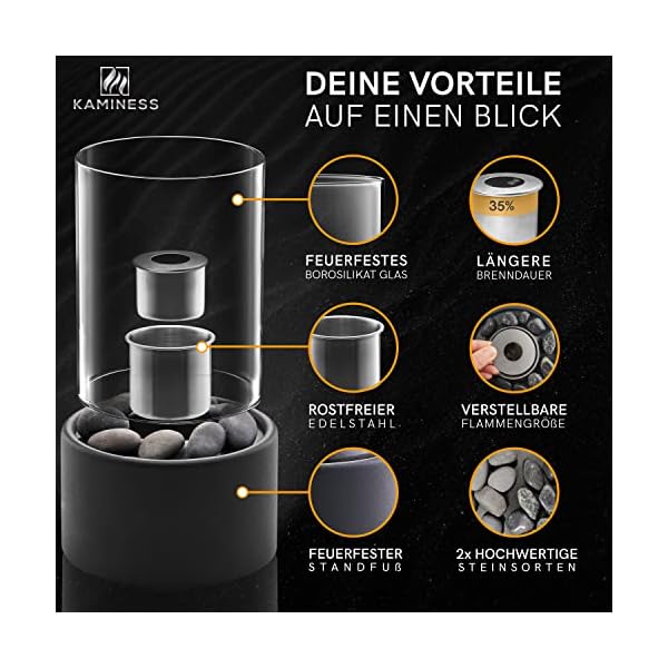 KAMINESS® Tischkamin | Verstellbare Flamme & 3h Brenndauer | Tischfeuer Set | Ethanol Kamin Indoor & Outdoor inkl. 2X Natursteinen (500g) & 2 Brennkammern | Bioethanol Kamin | Balkon Deko Terrasse – Bild 6
