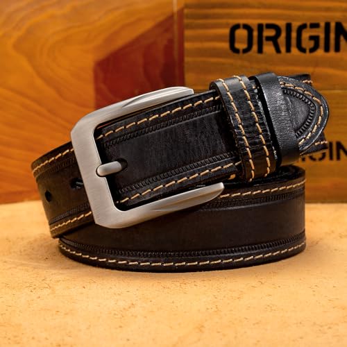 Image of Italian Full Grain Leather Belt for Men Western Cowboy Casual Jean Belt 1.5 Wide 7 Holes Gift Box Packaging